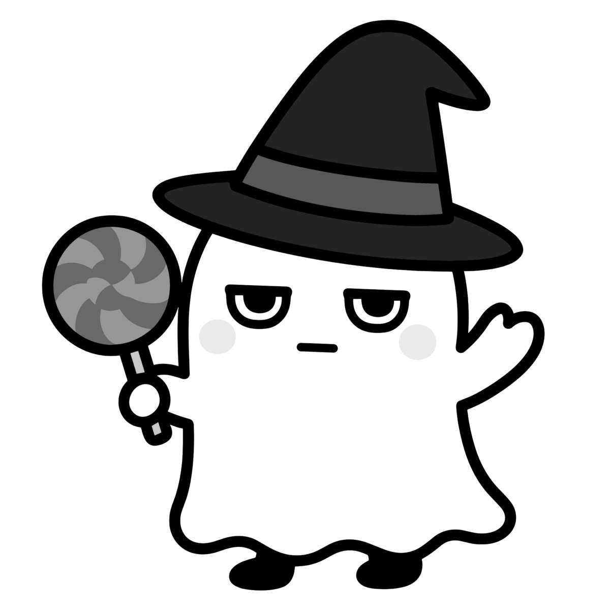 かわいい キャンディを持つ おばけのイラスト無料ダウンロード（モノクロ）