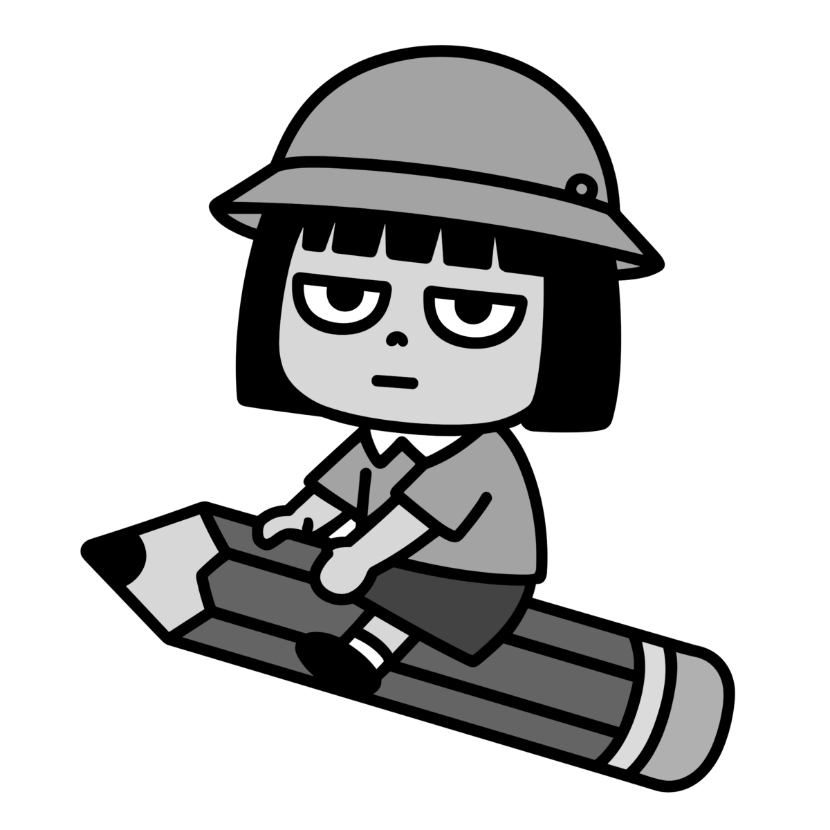 えんぴつに乗っている女の子のイラスト無料ダウンロード（モノクロ）