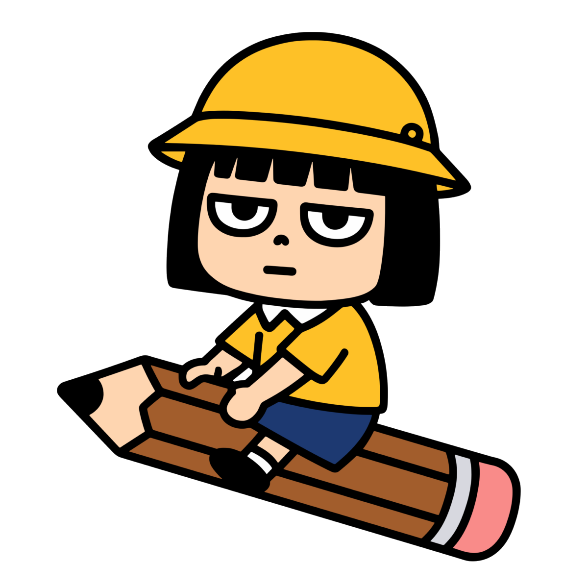 えんぴつに乗っている女の子のイラスト無料ダウンロード（カラー）