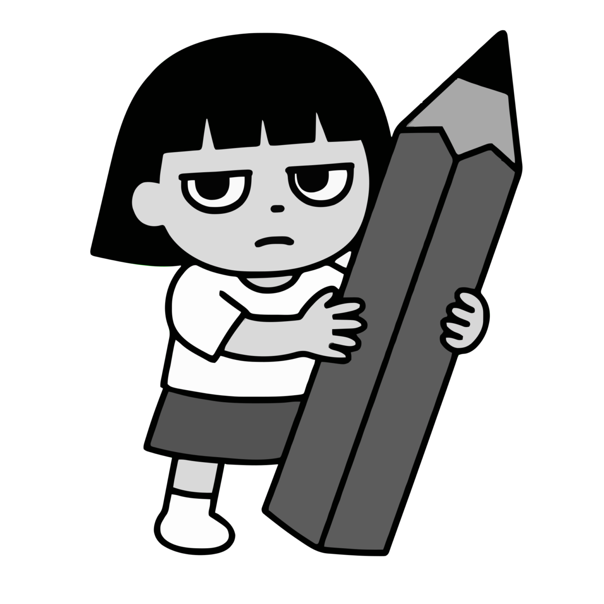 鉛筆 女の子のイラスト無料ダウンロード（モノクロ）