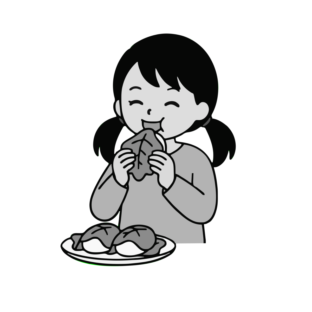 柏餅を食べる女の子のイラスト無料ダウンロード(モノクロ)