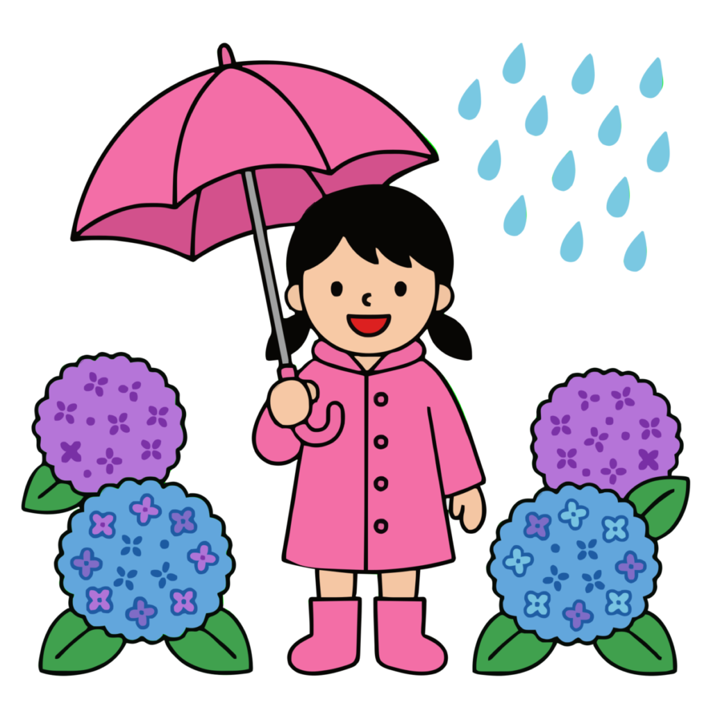 紫陽花と傘の女の子のイラスト無料ダウンロード（カラー）