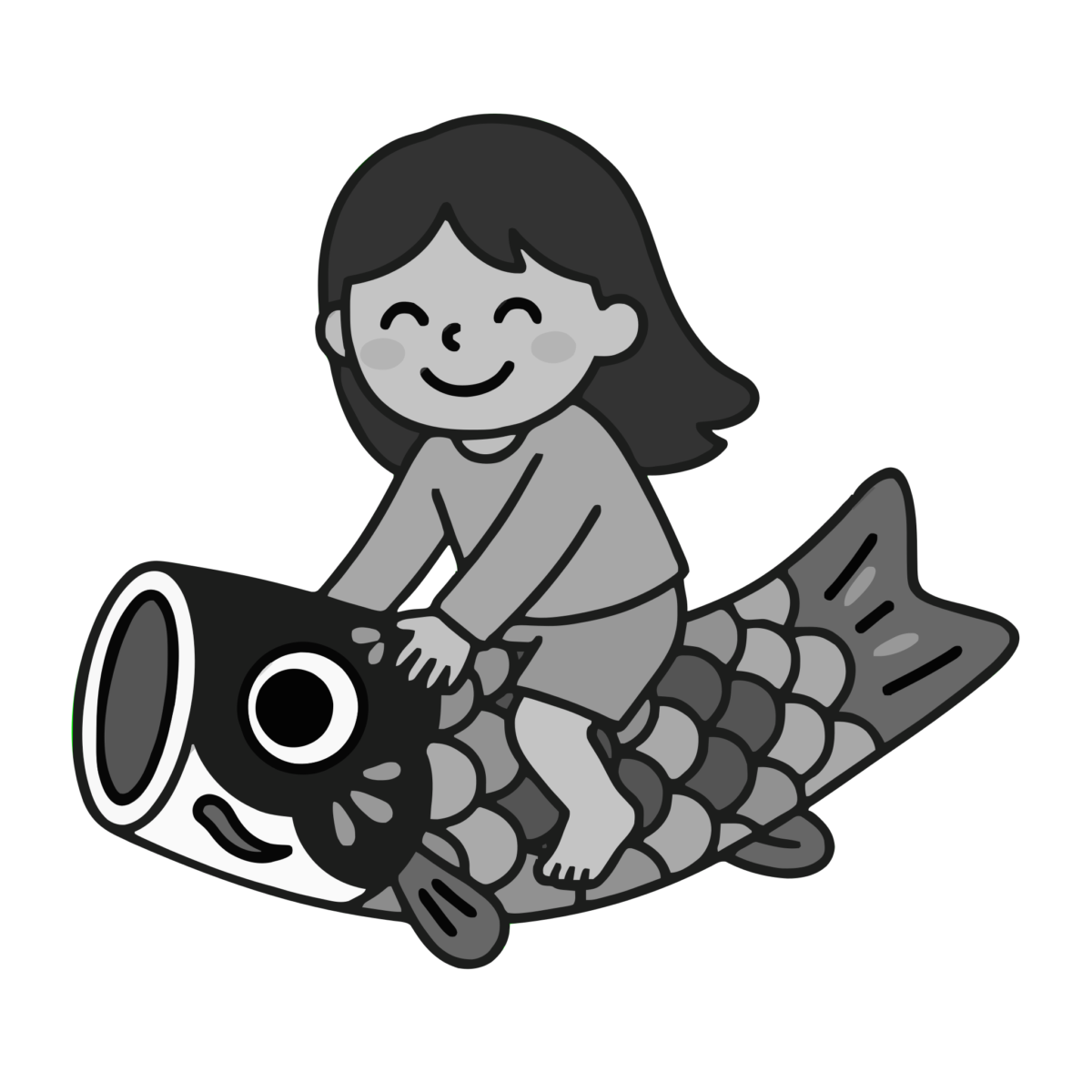 こいのぼりに乗る女の子のイラスト無料ダウンロード（モノクロ）