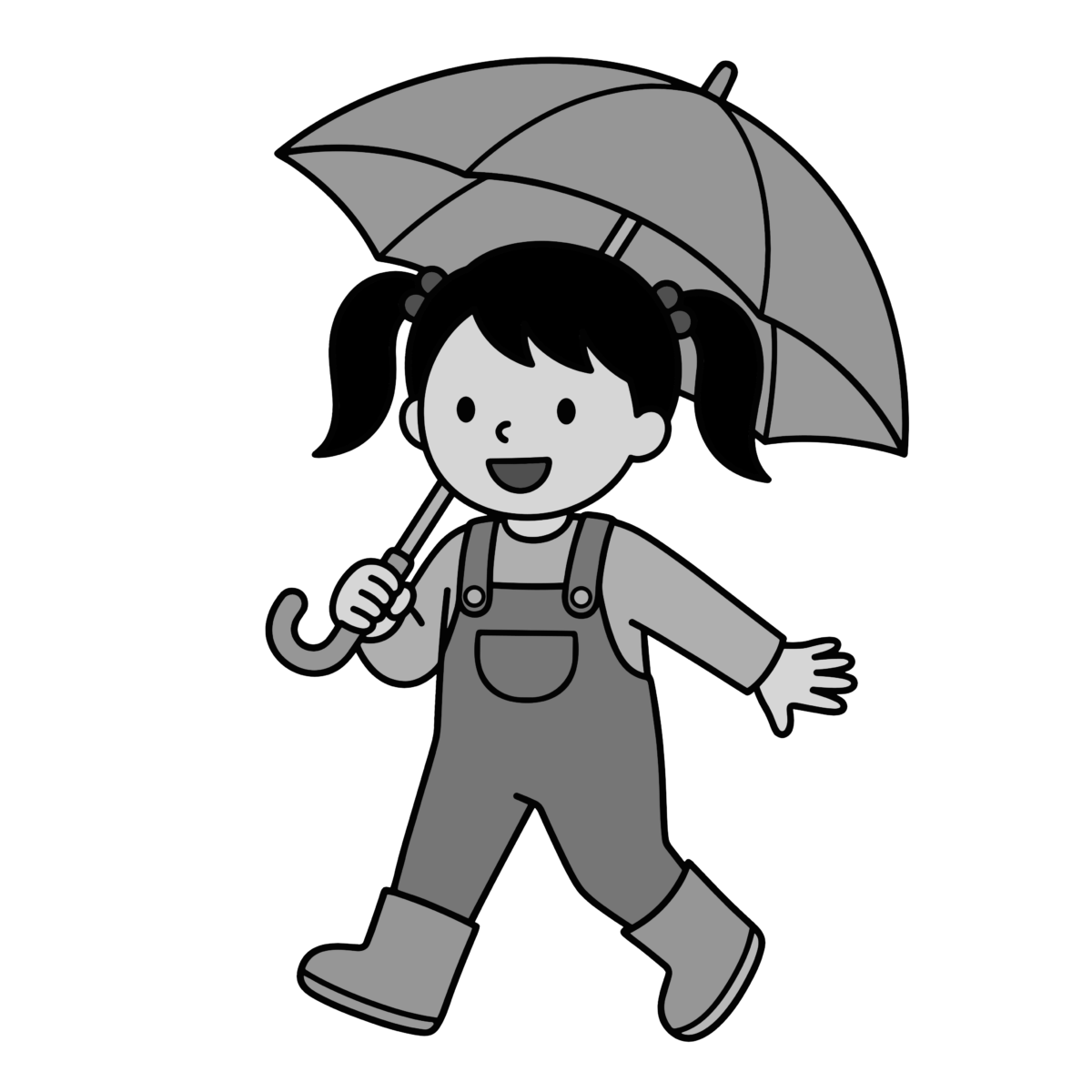 傘をさす女の子のイラスト無料ダウンロード（モノクロ）