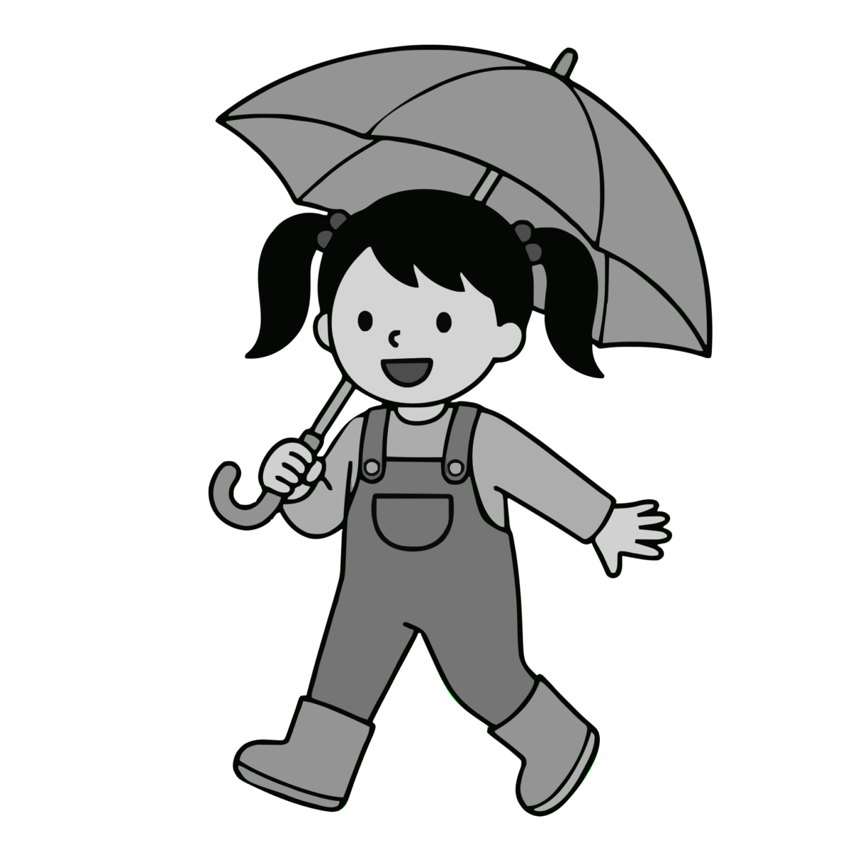 傘をさす女の子のイラスト無料ダウンロード（モノクロ）