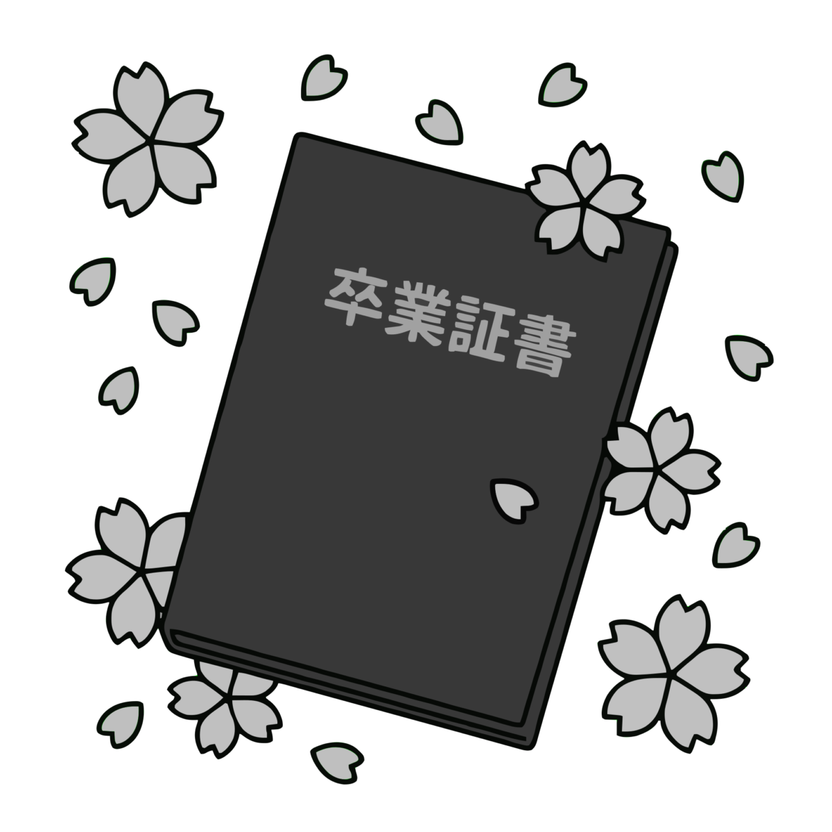 桜に囲まれた卒業証書のイラスト無料ダウンロード（モノクロ）