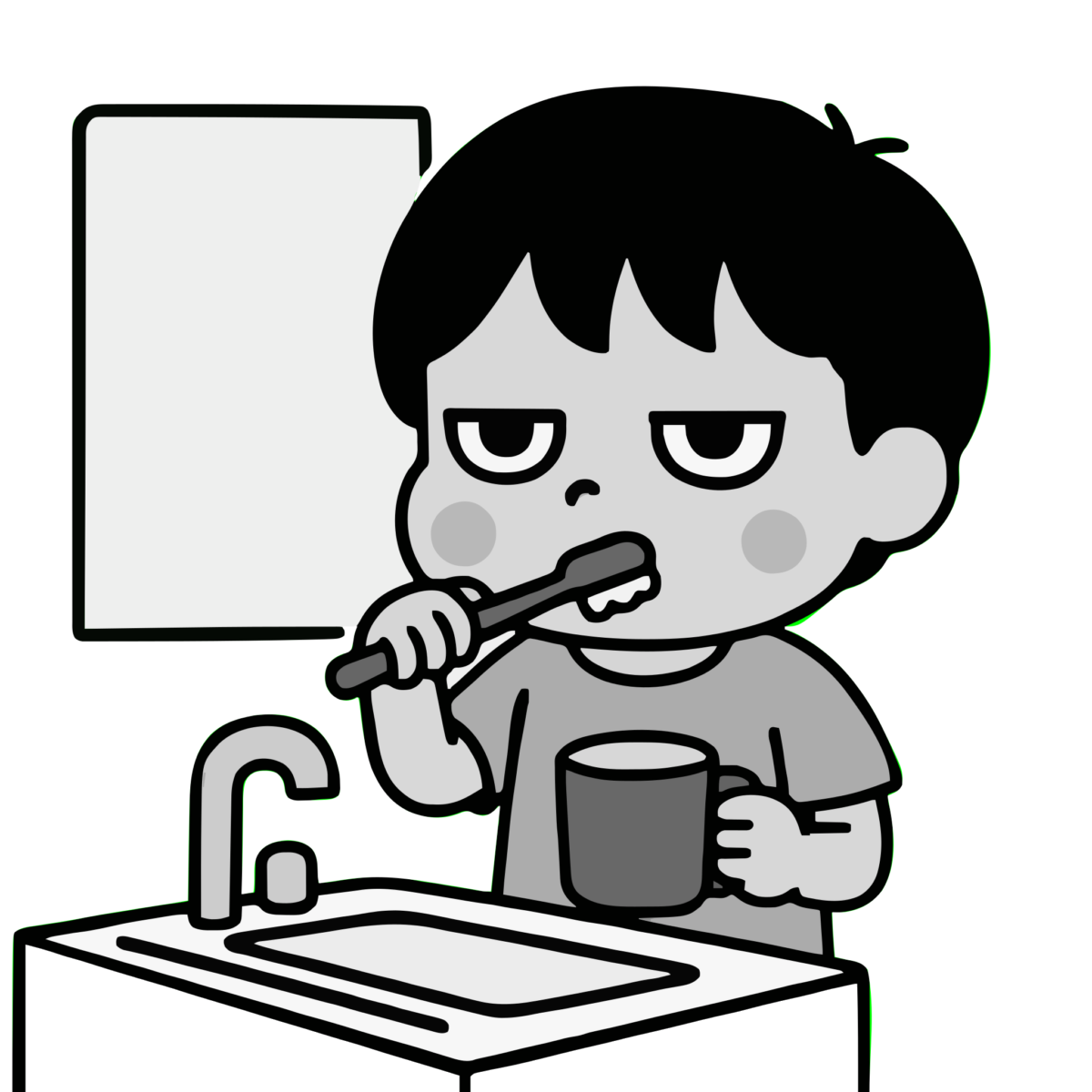 鏡の前で歯みがきする男の子のイラスト無料ダウンロード（モノクロ）
