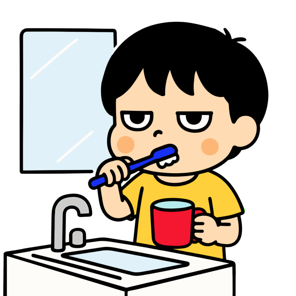 鏡の前で歯みがきする男の子のイラスト無料ダウンロード（カラー）