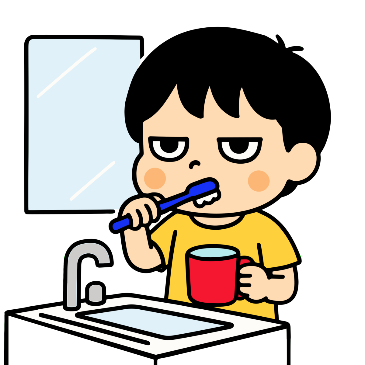 鏡の前で歯みがきする男の子のイラスト無料ダウンロード（カラー）