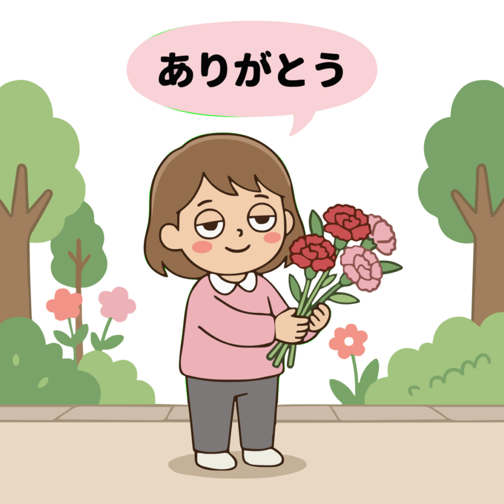 母の日・カーネーションを持つ女性のイラスト（カラー）