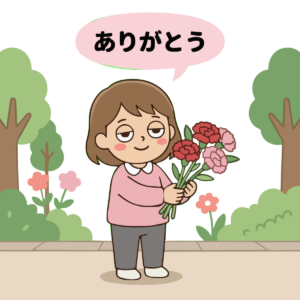 母の日・カーネーションを持つ女性のイラスト（カラー）