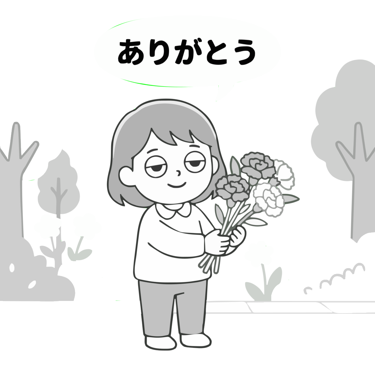 母の日・カーネーションを持つ女性のイラスト(モノクロ)