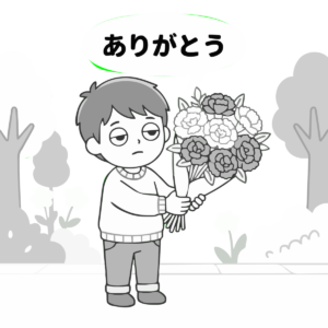 母の日・カーネーションを持つ男の子のイラスト（モノクロ）