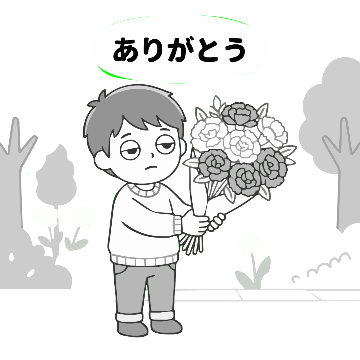 母の日・カーネーションを持つ男の子のイラスト（モノクロ）