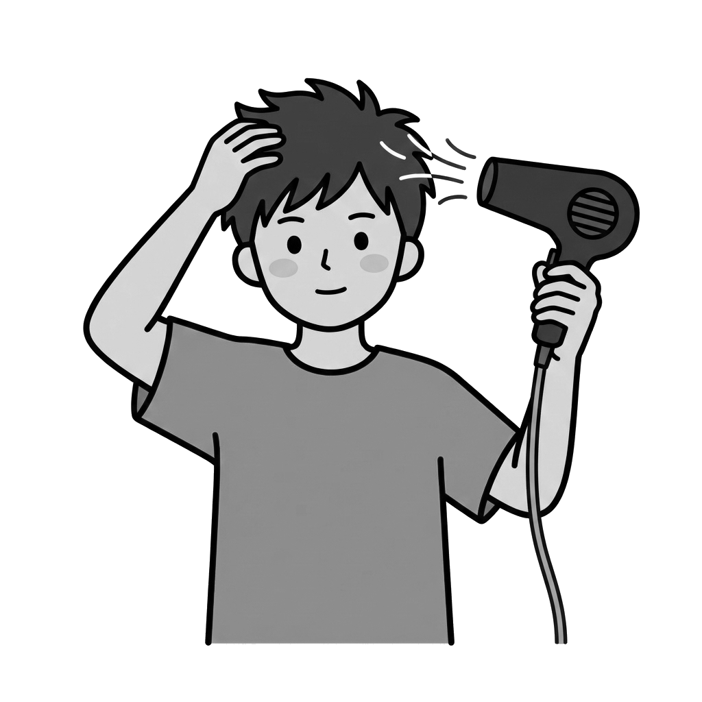 オレンジ服の男の子がヘアドライヤーを使うのイラスト無料ダウンロード（モノクロ）