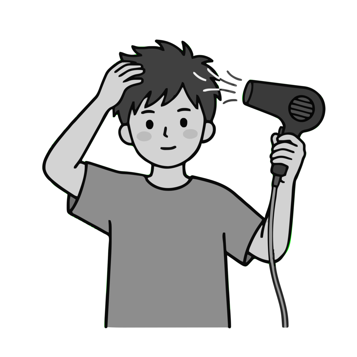 オレンジ服の男の子がヘアドライヤーを使うのイラスト無料ダウンロード（モノクロ）