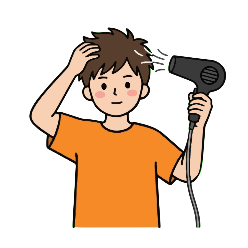 オレンジ服の男の子がヘアドライヤーを使うのイラスト無料ダウンロード（カラー）