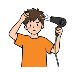 オレンジ服の男の子がヘアドライヤーを使うのイラスト無料ダウンロード（カラー）