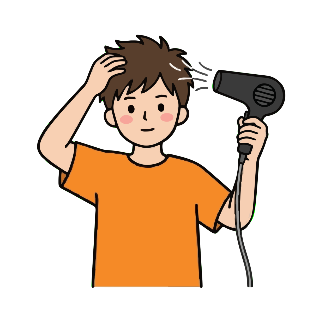 オレンジ服の男の子がヘアドライヤーを使うのイラスト無料ダウンロード（カラー）