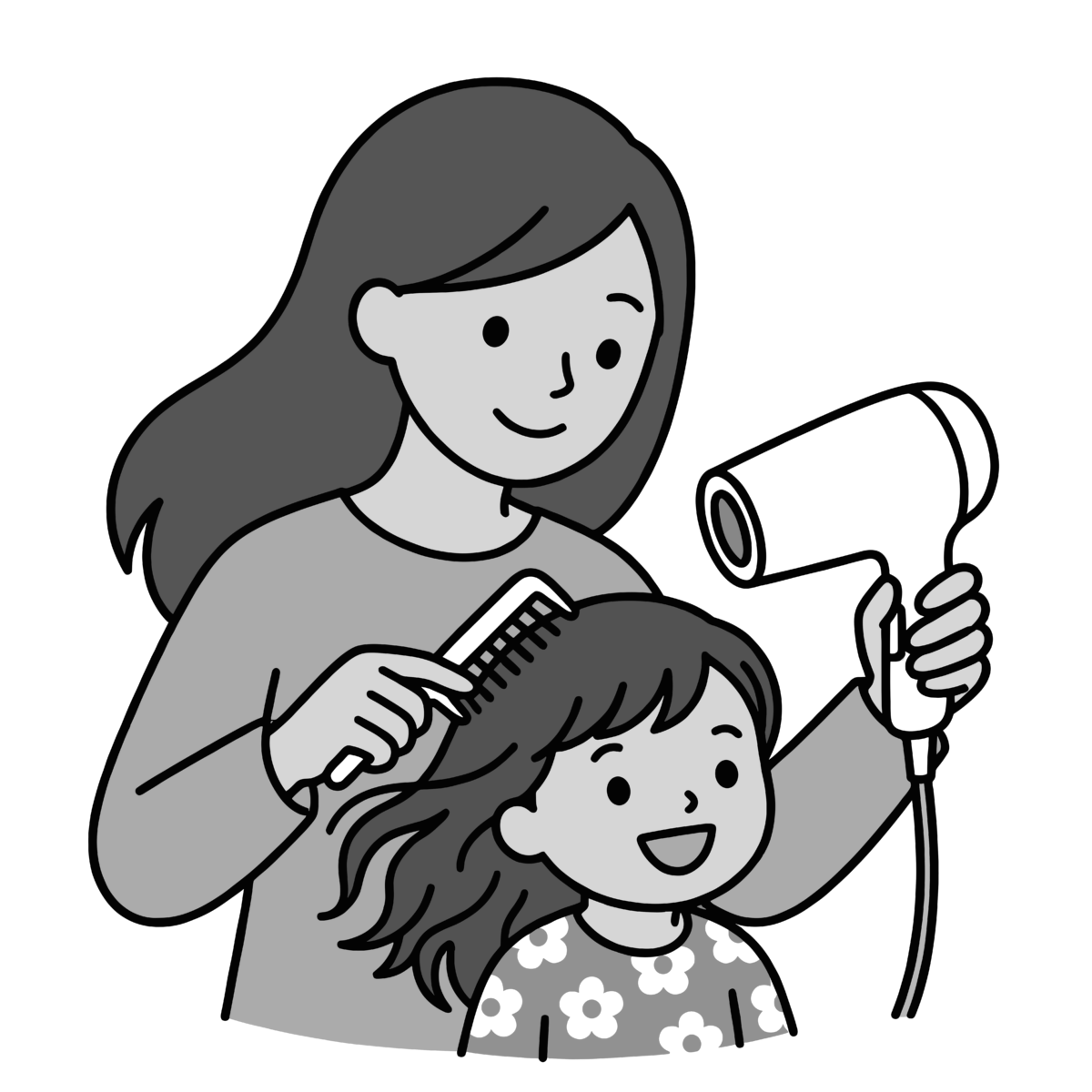 親子でヘアドライヤーを使うのイラスト無料ダウンロード（モノクロ）