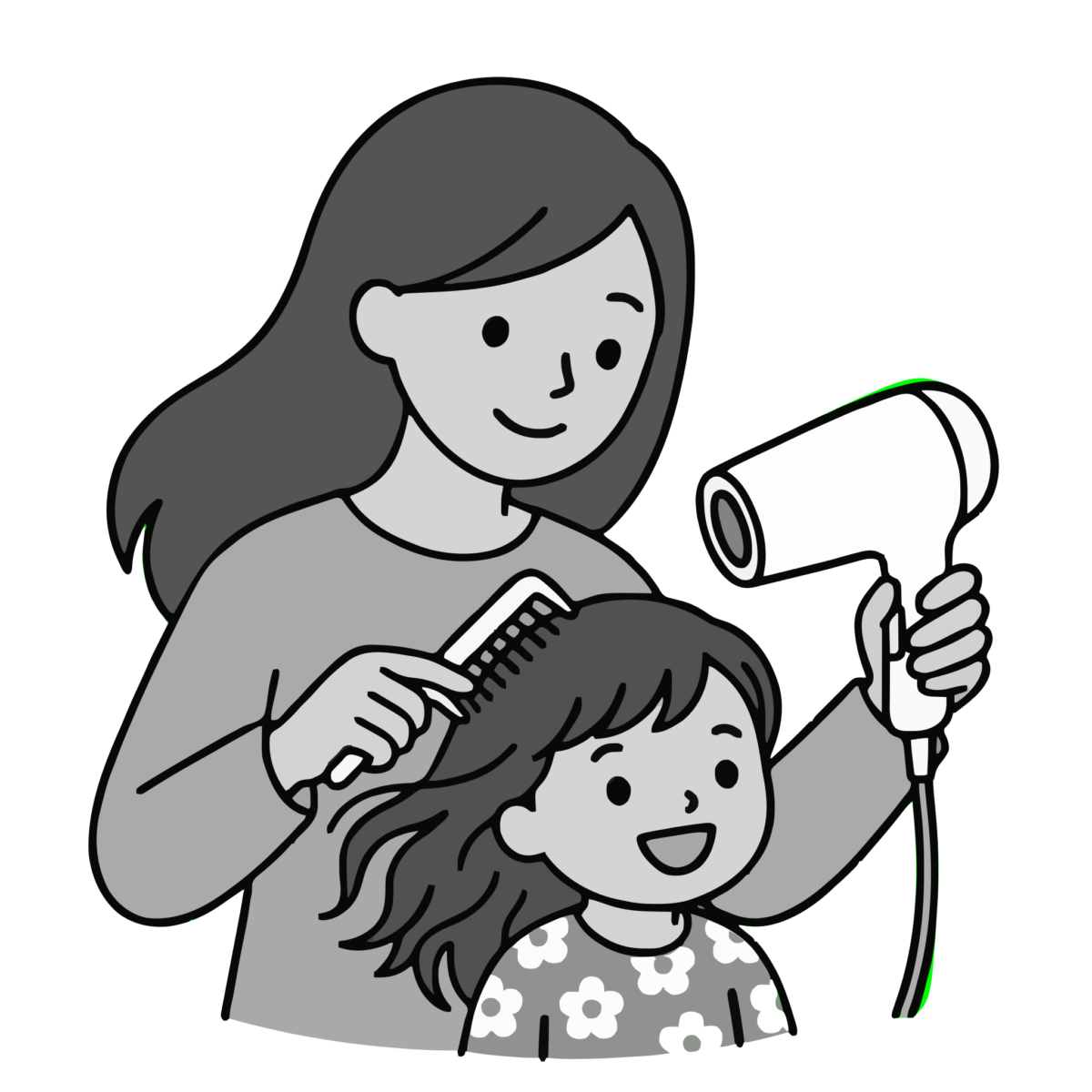親子でヘアドライヤーを使うのイラスト無料ダウンロード（モノクロ）