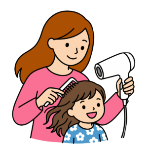 親子でヘアドライヤーを使うのイラスト無料ダウンロード（カラー）