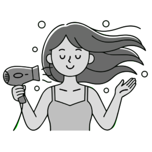 ドライヤーで髪を乾かす女性のイラスト無料ダウンロード（モノクロ）