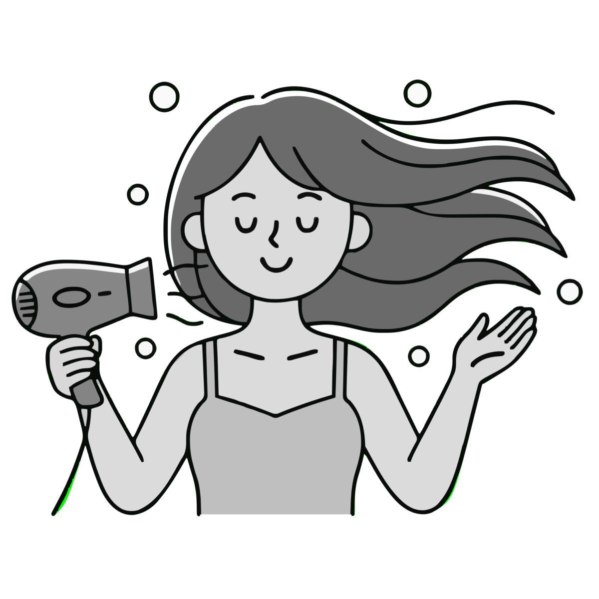 ドライヤーで髪を乾かす女性のイラスト無料ダウンロード（モノクロ）