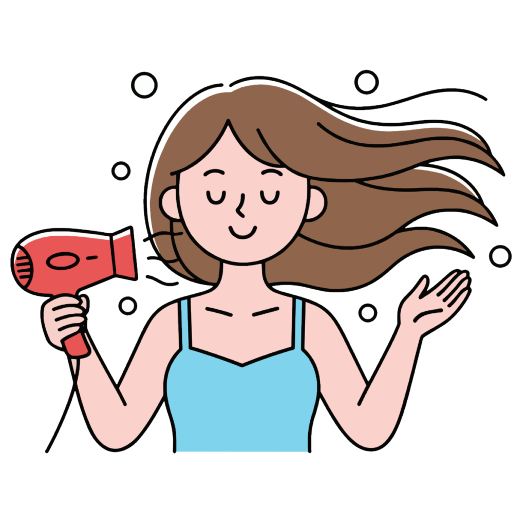 ドライヤーで髪を乾かす女性のイラスト無料ダウンロード（カラー）