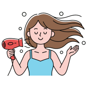 ドライヤーで髪を乾かす女性のイラスト無料ダウンロード（カラー）