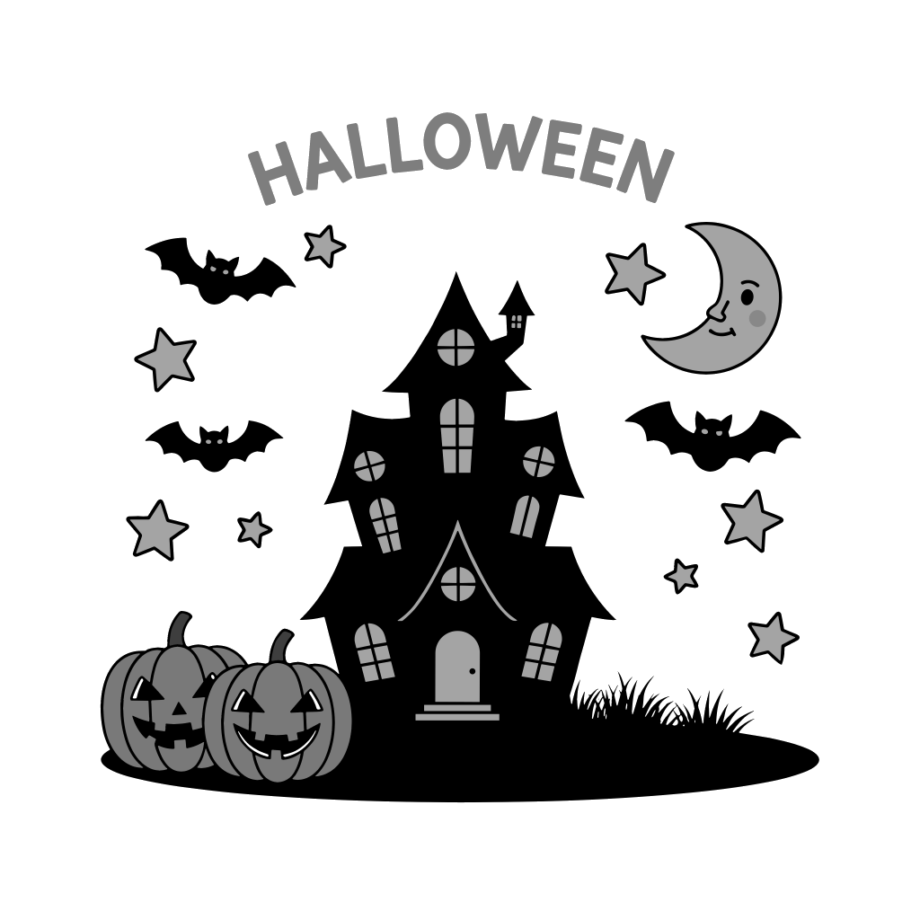 ハロウィンのおばけ屋敷のイラスト無料ダウンロード(モノクロ)