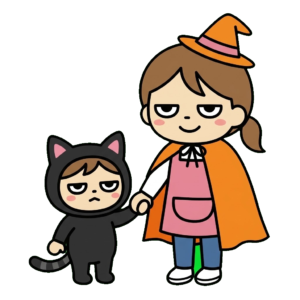 ハロウィンの衣装を着せてもらう子どもと保育士のイラスト（カラー）