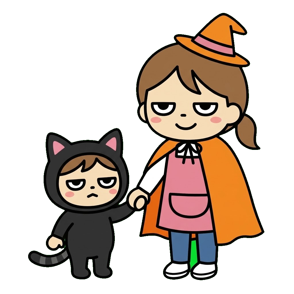 ハロウィンの衣装を着せてもらう子どものかわいいイラスト(カラー)