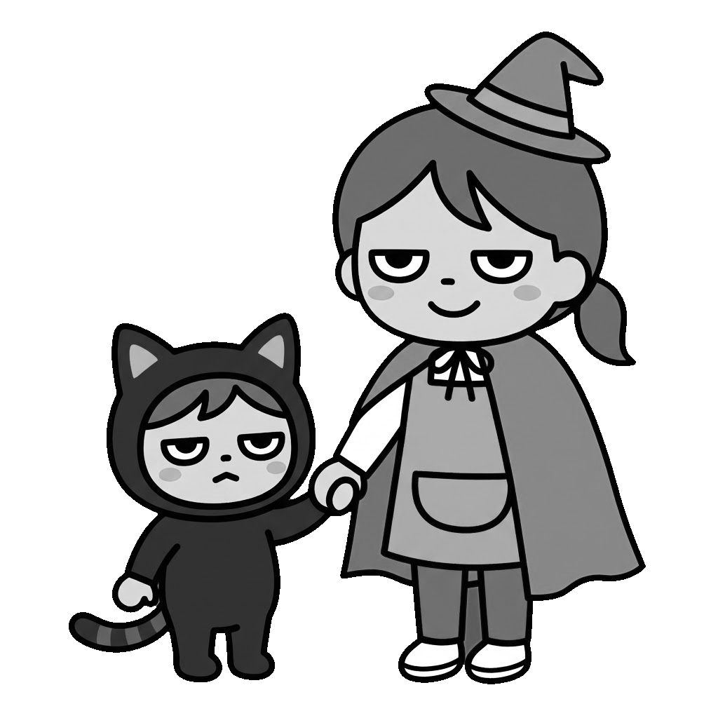 ハロウィンの衣装を着せてもらう子どものかわいいイラスト(モノクロ)