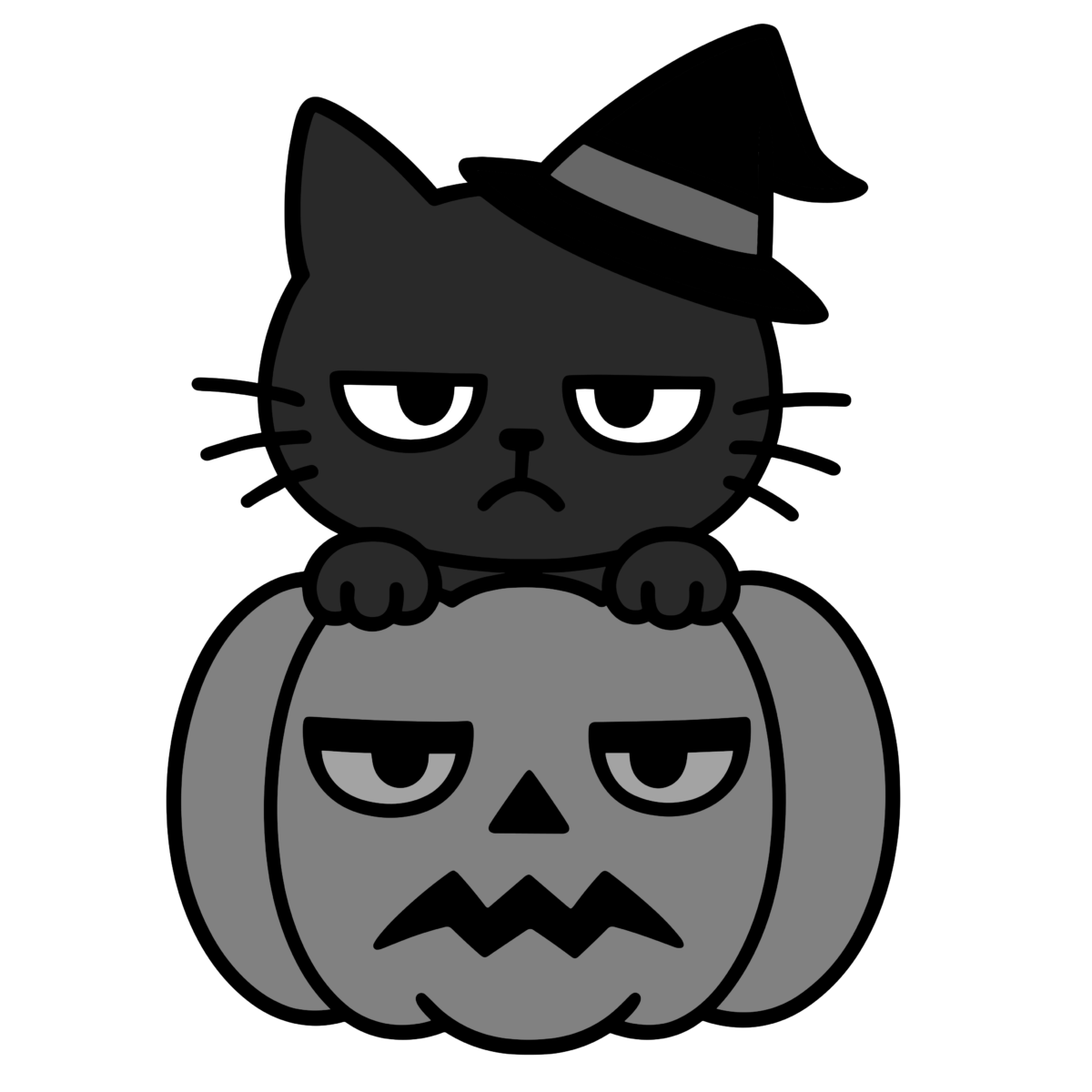 かわいい かぼちゃに猫がのっているのイラスト無料ダウンロード（モノクロ）