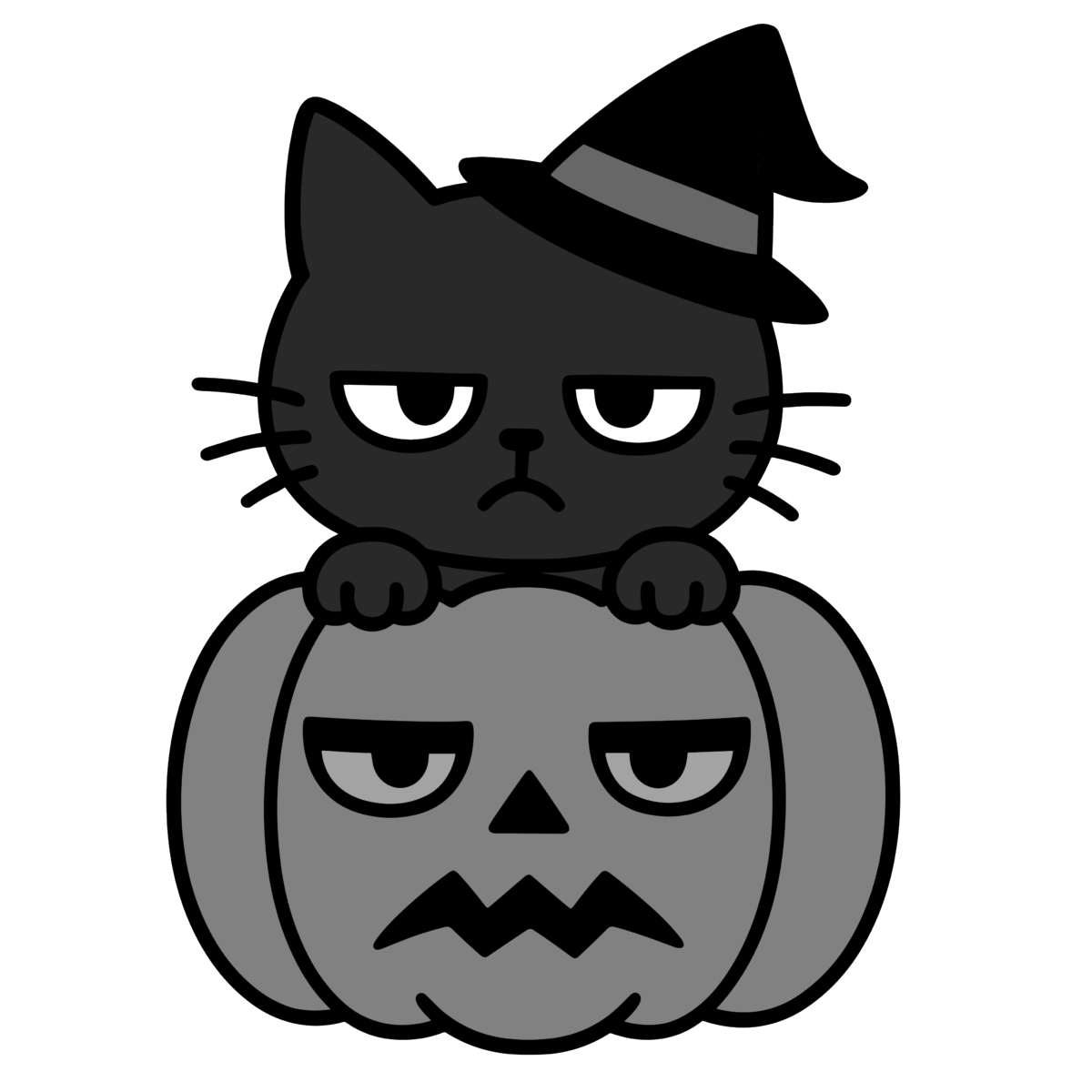 かわいい かぼちゃに猫がのっているのイラスト無料ダウンロード（モノクロ）