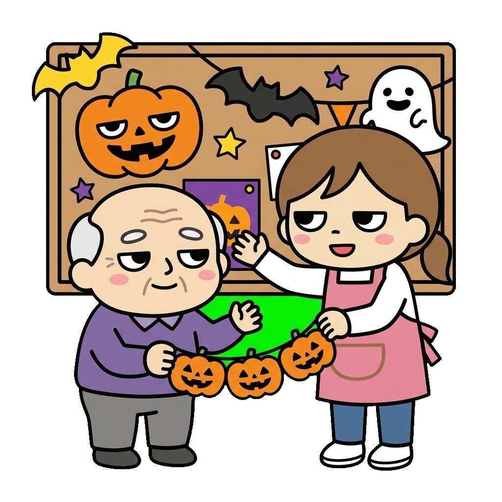 ハロウィンの飾りつけをするお年寄りと職員のイラスト（カラー）