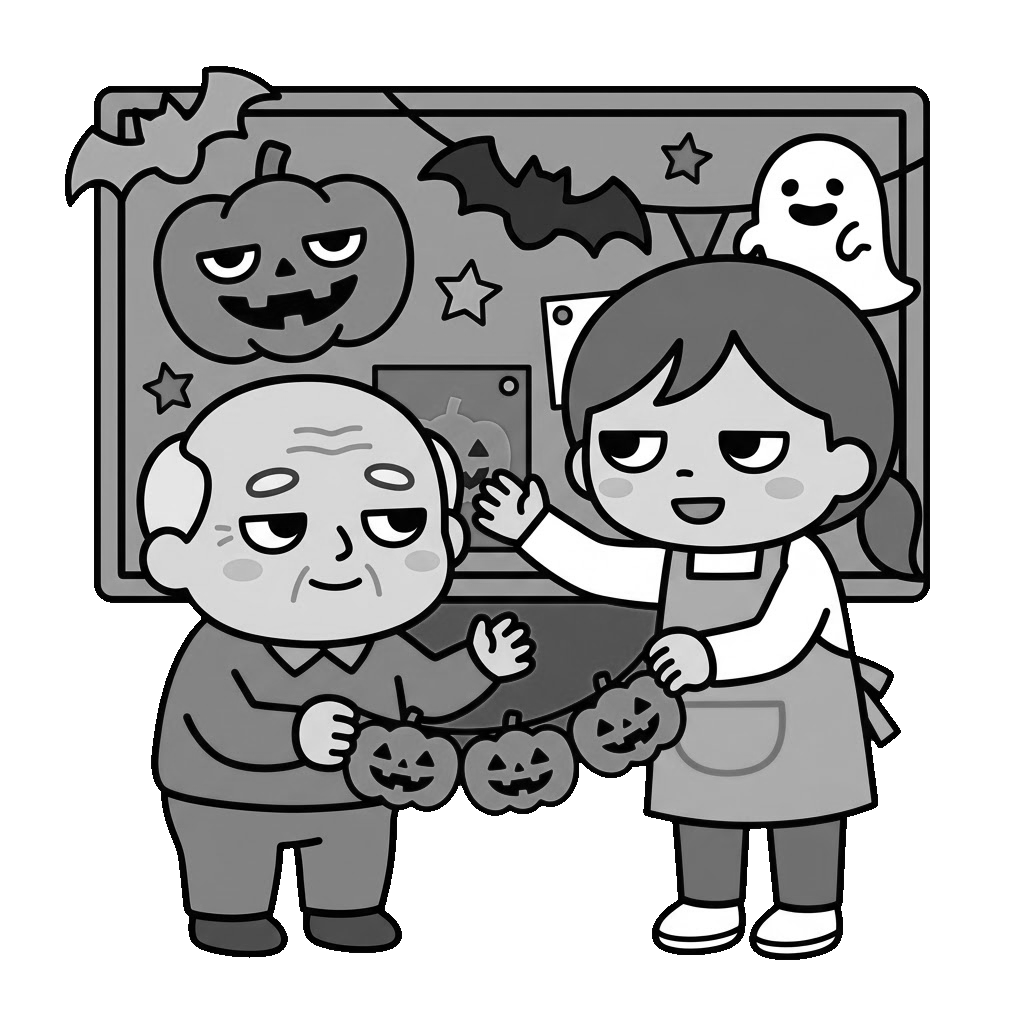 ハロウィンの飾りつけをするお年寄りのかわいいイラスト（モノクロ）