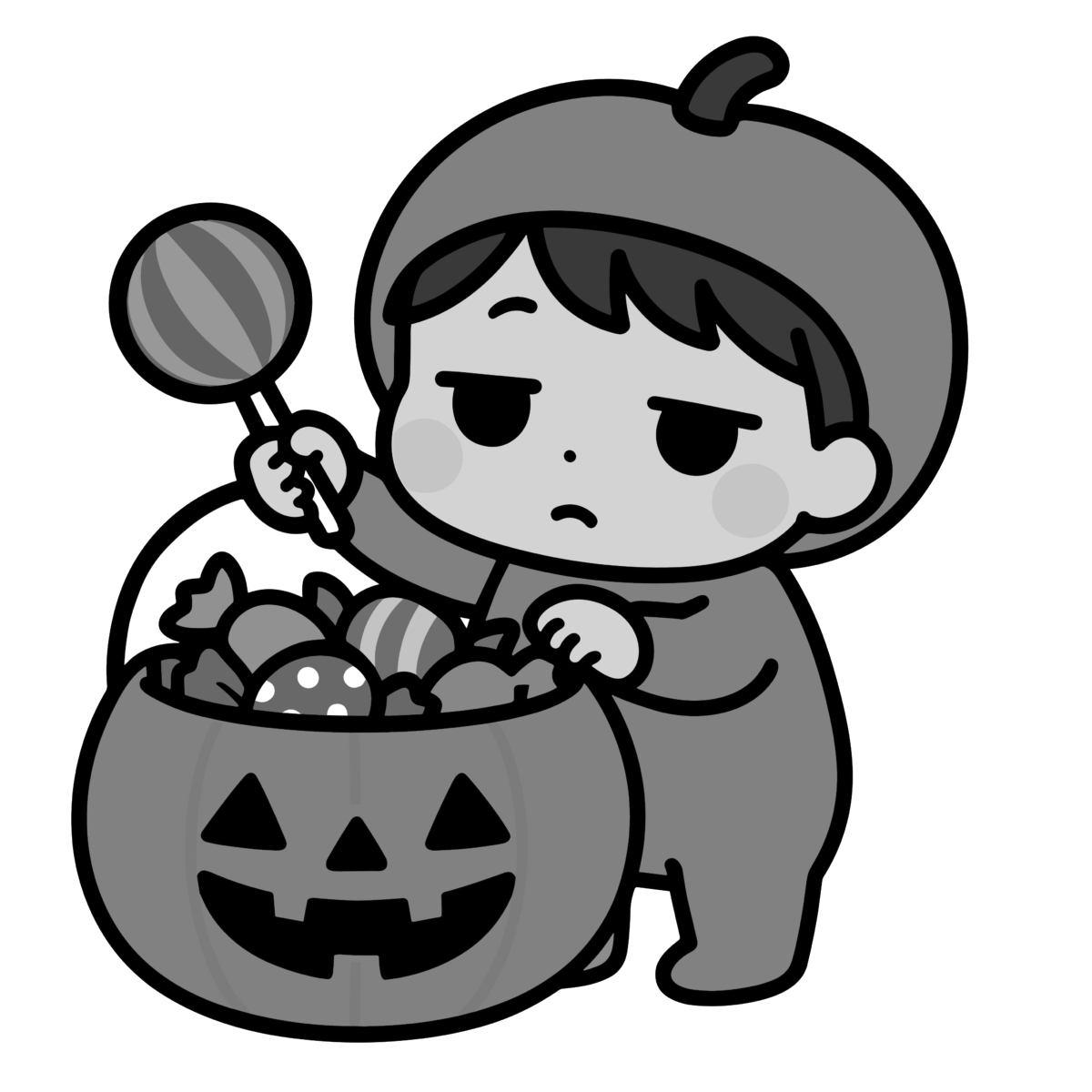 ハロウィンのお菓子を持った男の子のイラスト無料ダウンロード（モノクロ）