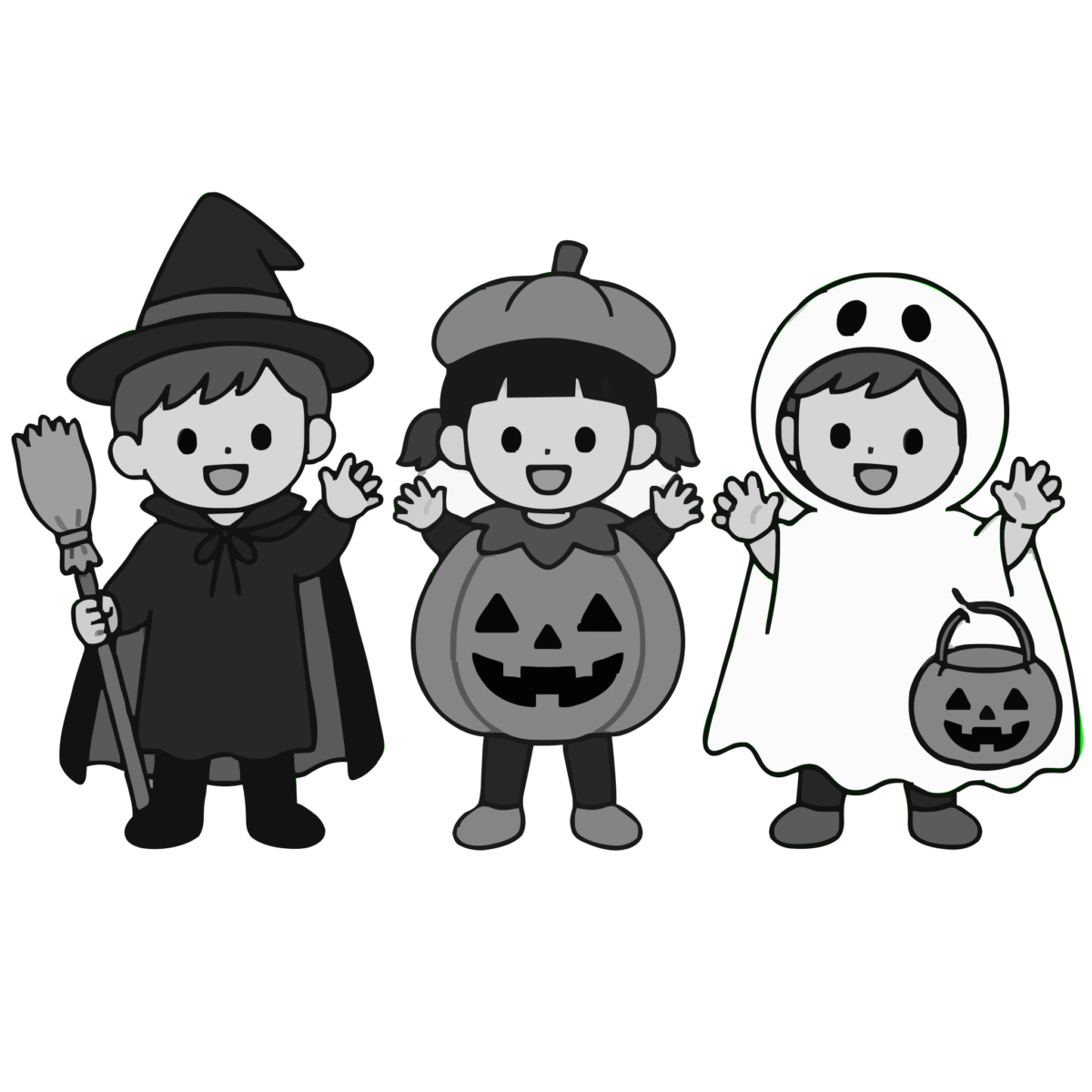 ハロウィンの仮装をする子どものかわいいイラスト（モノクロ）