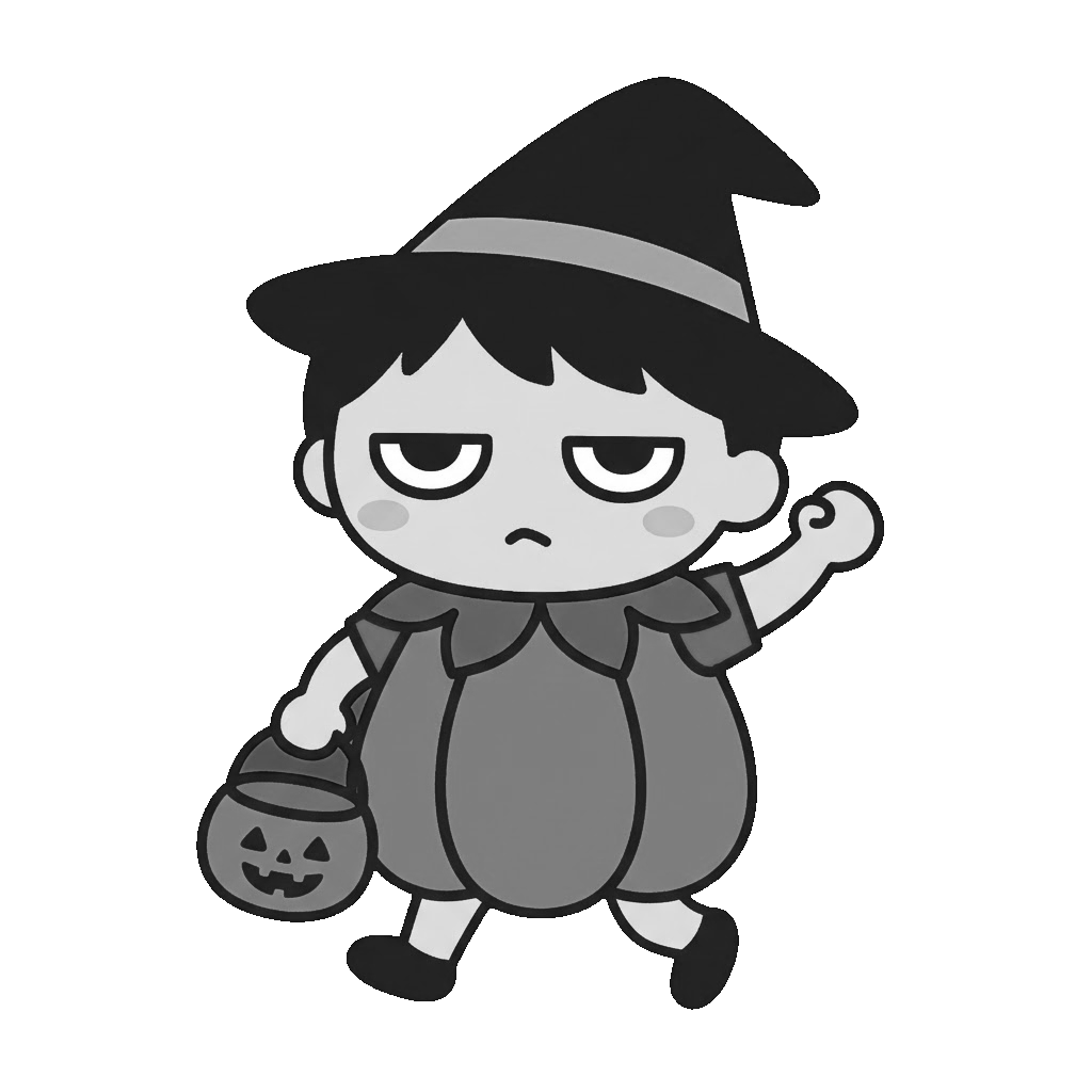 ハロウィンパレードをする子どものかわいいイラスト(モノクロ)