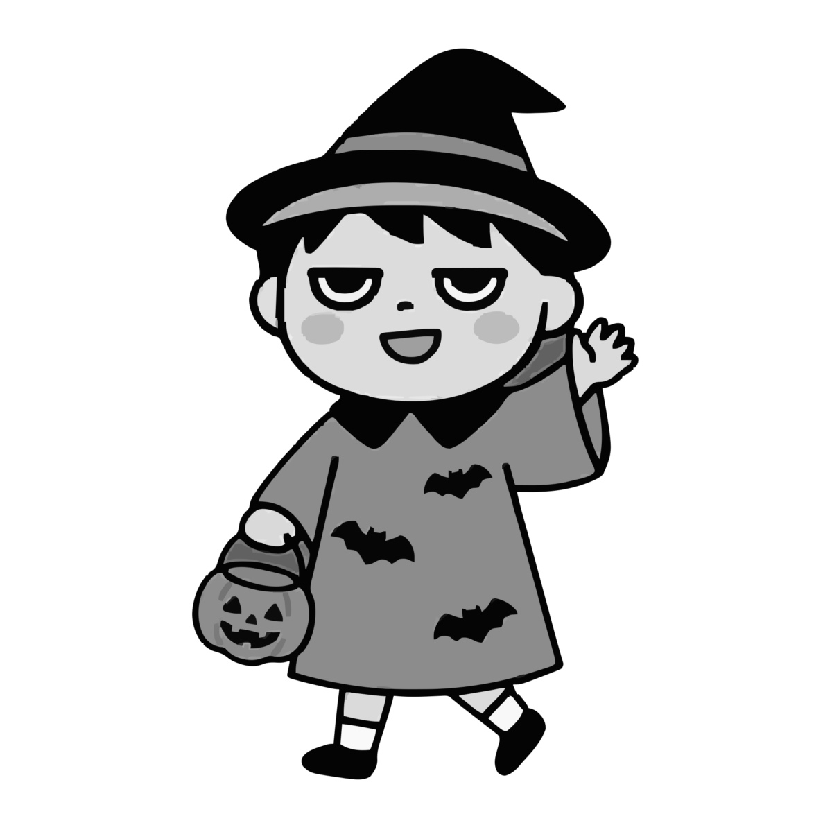 ハロウィンパレードをする子どものかわいいイラスト(モノクロ)