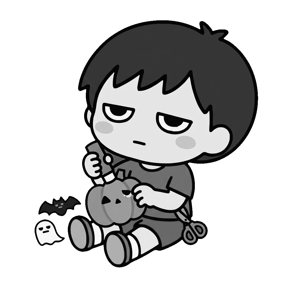 ハロウィンの飾りを作る子どものかわいいイラスト（モノクロ）