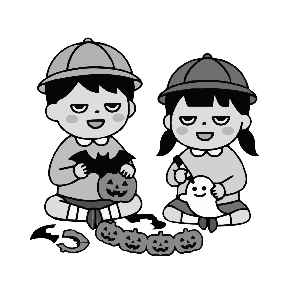 ハロウィンの飾りを作る子どものかわいいイラスト(モノクロ)