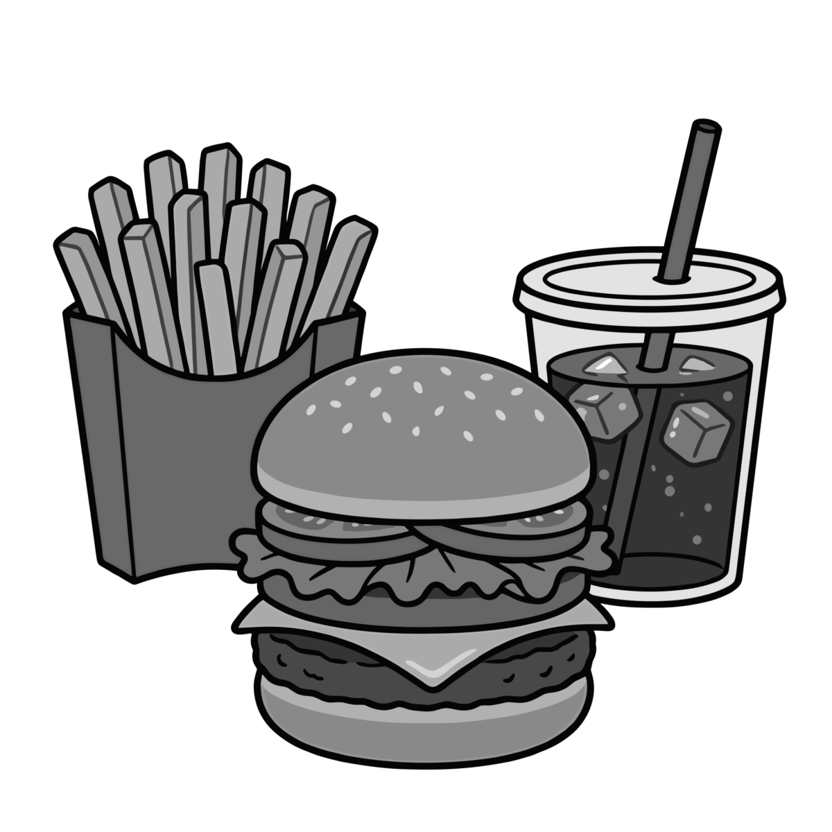 ハンバーガーセットのイラスト無料ダウンロード（モノクロ）