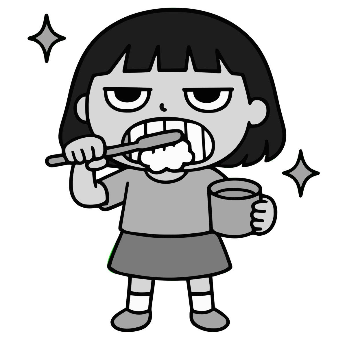 歯みがきする女の子のイラスト無料ダウンロード（モノクロ）
