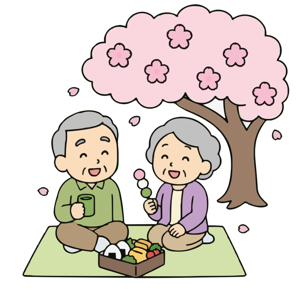 お花見を楽しむお年寄りのかわいいイラスト（カラー）