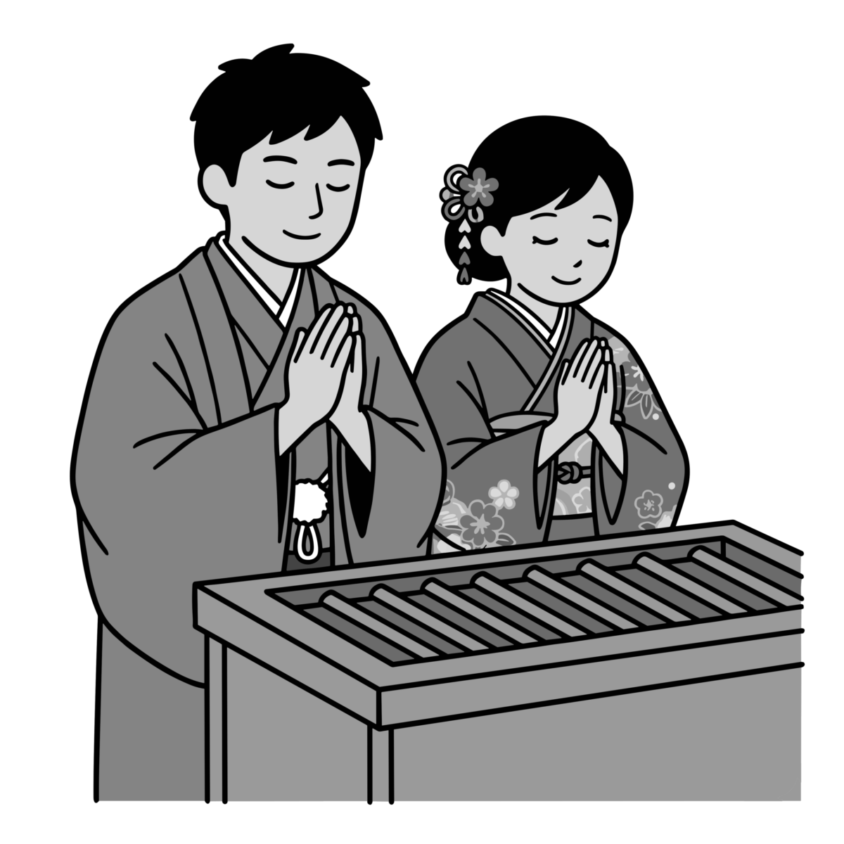 着物姿の夫婦が初詣をするのイラスト無料ダウンロード（モノクロ）