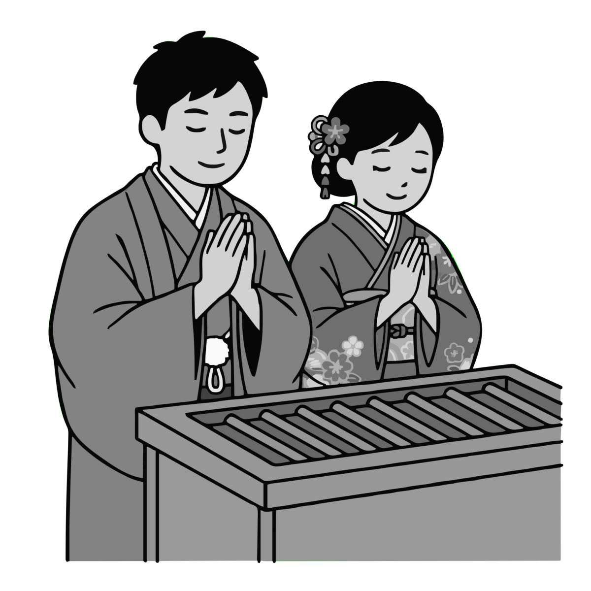 着物姿の夫婦が初詣をするのイラスト無料ダウンロード（モノクロ）
