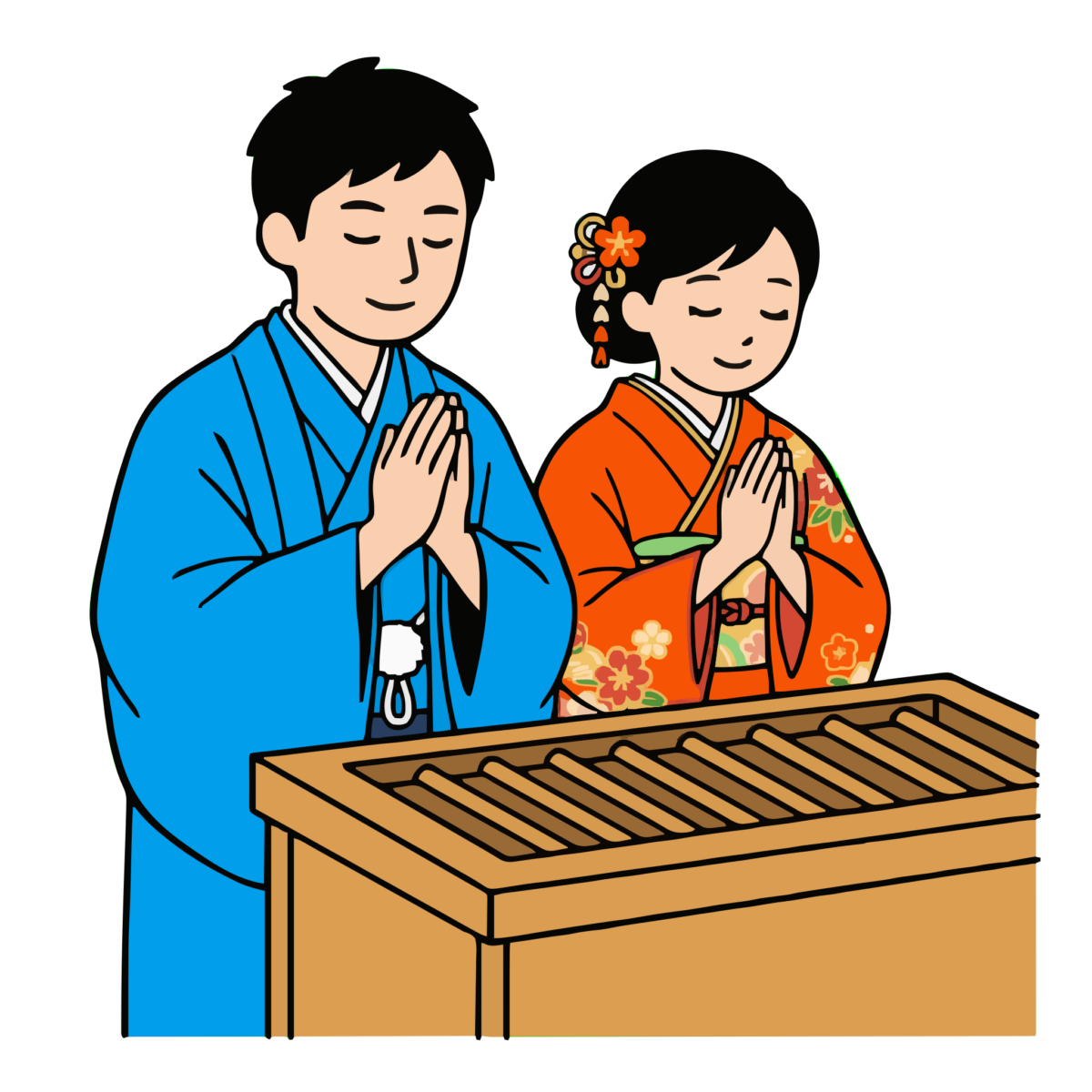 着物姿の夫婦が初詣をするのイラスト無料ダウンロード（カラー）